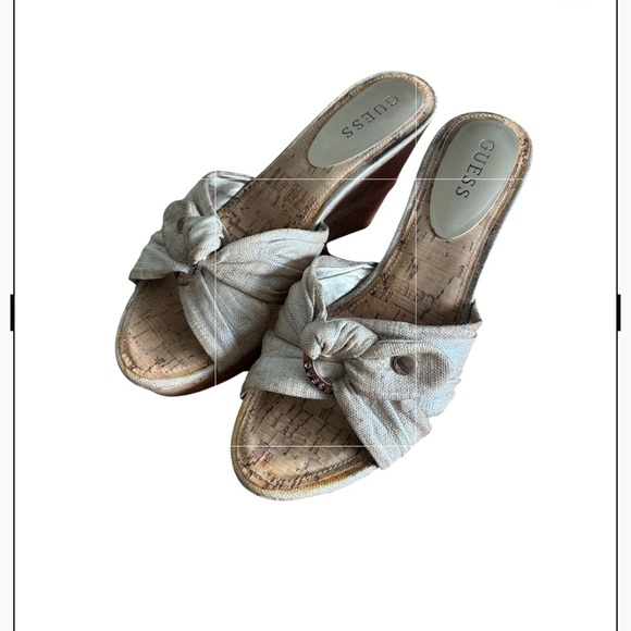 🔴 Guess Silver Gray and Natural Cork Wedge Sandals - Picture 1 of 5